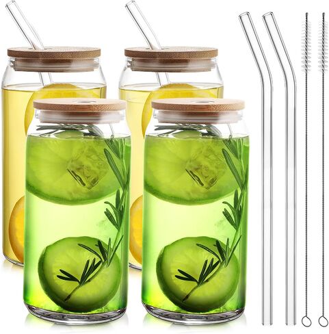 مجموعة اكواب شرب مع اغطية وماصات من هومبركينج، اكواب زجاجية على شكل علبة سعة 20 اونصة، اكواب قهوة مثلجة، اكواب لطيفة مع فرشتي تنظيف، مثالية للكوكتيل والويسكي والشاي والهدايا in Saudi Arabia