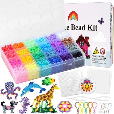 QUEFE Fuse Beads Kit of 72 Assorted Colors, 15000 5mm Beads Craft Kit Including Pegboard, Melting Beads, Ironing Paper, Tweezers & Colorful Hooks, Great Creative Arts and Crafts Set for Girls in Kuwait