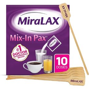 MiraLAX Gentle Constipation Relief Laxative Powder, Stool Softener with PEG 3350, No Harsh Side Effects, #1 Physician Recommended, Single Dose Mix-In Pax with Mixing Stirrers, Travel Pack, 10 Dose
