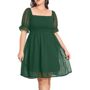 Women's Plus Size Puff Sleeve Square Neck Short Summer Sundress Chiffon Swiss Dot Flowy Smocked Dress