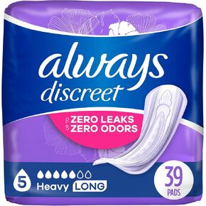 Always Discreet Adult Incontinence & Postpartum Pads For Women, Size 5, Heavy Absorbency, Long Length, 39 Count