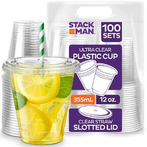 16 oz Clear Plastic Cups with Straw-Slot Lids [100 Sets] PET Crystal Clear Disposable 16oz Plastic Cups with Lids - Crystal Clear, Durable Cup. BPA Free + Crack Resistant, for Coffee, Juice, Shakes