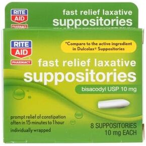 Rite Aid Fast Relief Laxative Suppositories, Bisacodyl USP, 10mg - 16 Count | Stimulant Laxative | Constipation Relief | Works in 15 Minutes to 1 Hour | Relief of Constipation | Laxative Suppository