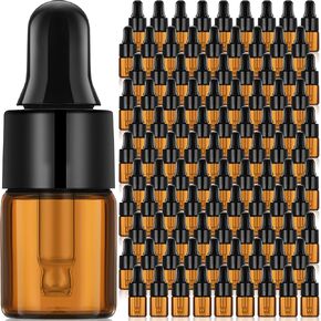 Nuogo 100 Pcs Amber Glass Mini Dropper Bottles Essential Oil Dropping Small Empty Sample Vial with and Black Caps Tiny Perfume Jars for Traveling (1 ml)