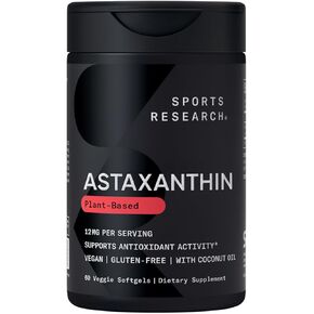 Sports Research Triple Strength Vegan Astaxanthin Supplement from Algae - Plant Based Softgels for Antioxidant Activity, Skin & Eye Health - Non-GMO Verified, Made with Coconut Oil - 12mg, 60 Count