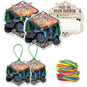 You've Been Ducked Card, Duck Duck Tags, Ducking Game Card, Ducked Tags, Rubber Duck for Tags, Yellow DCUK and Blue JP Car Design, with Round Hole and Rubber Bands