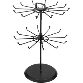 MyGift 2 Tier Brass-Tone Metal Rotating Necklace and Bracelet Organizer Jewelry Stand with 24 Hooks, Multipurpose Accessory and Keychain Spinning Display Rack with Top Handle Card Holder