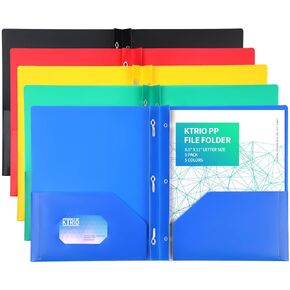 KTRIO Plastic Pocket Folders with Prongs, 5 Pack 2 Pocket Folders 3 Prong Folders with Pockets and Brads Heavy Duty Letter Size Colored Plastic Folders with Pocket and Prong for School Office Home