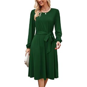 Newshows Women's 2023 Fall Winter Long Sleeve Dress Casual Work Tie Elastic Waist Belted Midi Dress with Pockets