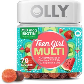 OLLY Teen Girl Multi Gummy, Healthy Skin and Immune Support, 15 Essential Vitamins, Biotin, Zinc, Calcium, Chewable Multivitamin, Berry Melon, 35 Day Supply - 70 Count
