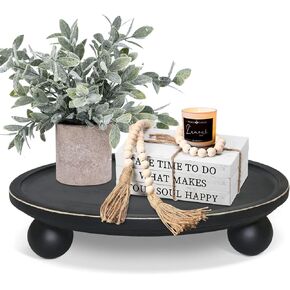 Farmhouse Wood Tray Risers for Display, Wooden Decorative Tray for Kitchen Decor, Pedestal Stand for Countertop, Round Wood Tray with Risers for Soap Dish on Risers, Footed Rustic Cake Stand(Black)