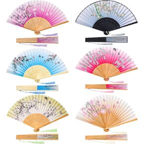 Barydat 6 Pieces Folding Fans Chinese Style Bamboo Handheld Fans Vintage Silk Fabric Holding Fan Foldable for Wedding Dancing Cosplay Party Wall Decoration