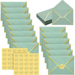 50 Pcs A7 Envelopes 5 x 7 Card Envelopes and 50 Pcs Gold Embossed Wax Seal Envelopes Self Adhesive V Flap Envelopes with Gold Border for Wedding Greeting Card Invitation (Dark Green)