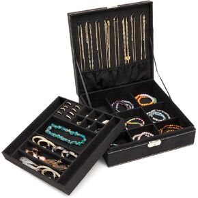 Black Jewelry Box with Lock and Key, 2 Layer Travel Display Case and Storage Organizer with Removable Tray for Earrings, Men, Girls, and Women (10.5x10.5x3.5 in)