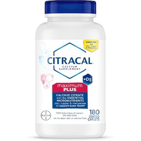 Citracal Maximum Plus Highly Soluble, Easily Digested, 630 mg Calcium Citrate With 1000 IU Vitamin D3, Bone Health Supplement for Adults, Caplets, 180 Count