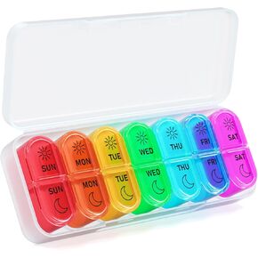 7 Days AM PM Pill Organizer - 2 Times a Day Large Weekly Pills Case, BPA-Free Pills Box Container Cases, Morning and Night Pill Boxes with Unique Push-Button Pop Open Design Hold Vitamin, Medicine