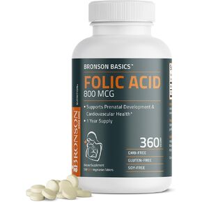 Bronson Folic Acid 800 MCG Supports Prenatal Development, 1 Year Supply, Non-GMO, 360 Tablets