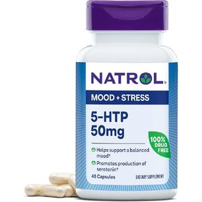 Natrol Mood & Stress 5-HTP 50mg, Dietary Supplement Helps Support a Balanced Mood, 45 Capsules, 11-45 Day Supply