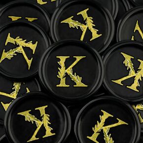25Pcs Wax Seal Stickers Handmade Vintage Botanical Leaves Adhesive Letter Wax Stickers for Wedding Party Invitations, Envelope, Gift Wrap, Christmas(Initial K, Black)