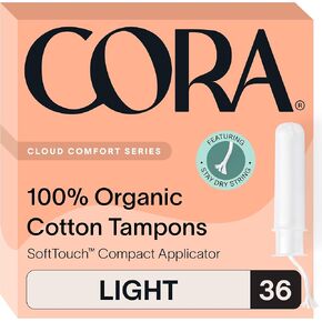 Cora Organic Applicator Tampons | Light Absorbency | 100% Cotton Core, Unscented, BPA-Free Compact Applicator | Leak Protection, Easy Insertion, Non-Toxic | 72 Count