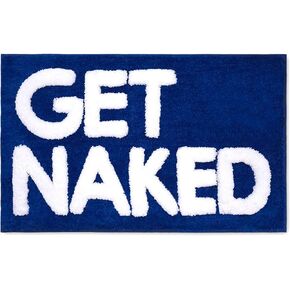 New Mungo Get Naked Bath Mat Blue - Cute Bathroom Rugs, Cute Bath Mat, Apartment Decor, Funny Bath Mat, Fun Bath Mat, Shower Rug, Get Naked Rug, Navy Blue Bathroom Rugs with White Letters - 31" x 20"