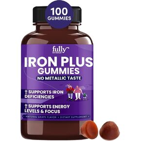 FULLY NUTRITION Iron Gummies Supplements for Adults (Women, Men) and Kids – Grape Flavor- Supports Anemia, Energy and Focus Levels – 100 Count