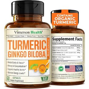 Turmeric Curcumin & Ginkgo Biloba Supplements with Bioperine Black Pepper - Vegan Joint Support Supplement with Organic Tumeric - Aids Brain Clarity, Focus, Memory, and Concentration. 60 Capsules