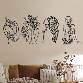 4 Pieces Metal Wall Art Decor Black Metal Wall Art Single Line Art Drawing Minimalist Abstract Female Woman Modern Wall Sculptures Hanging Decor Accents for Bathroom Living Room Office Home Bedroom