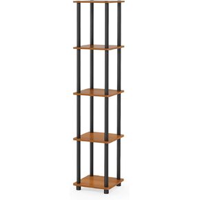 FURINNO Turn-N-Tube 5-Tier Corner Square Rack Display Shelf, Round, Light Cherry/Black