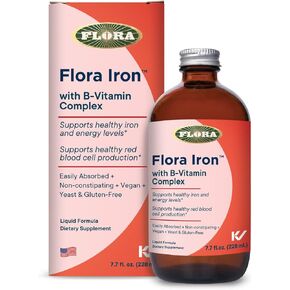 Flora - Iron with B-Vitamin Complex, Helps Maintain Healthy Iron Levels, Non-Constipating, Highly Absorbable Vitamin-B & Iron Supplement, Vegan, Yeast and Gluten Free, 15-oz. Glass Bottle
