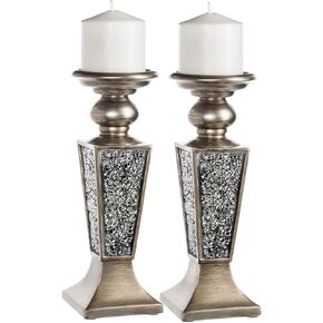 Creative Scents Schonwerk Pillar Candle Holder Set of 2- Crackled Mosaic Design- Functional Table Decorations- Centerpieces for Dining/Living Room- Best Wedding Gift (Brown)