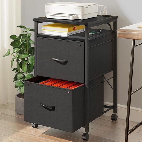 Uliyati File Cabinet, Fabric Filing Cabinet with Socket & USB Charging Port, Vertical Rolling Printer Stand with 2 Drawers, Mobile Filing Cabinet with Open Shelf, A4 or Letter Size, for Home Office in Saudi Arabia