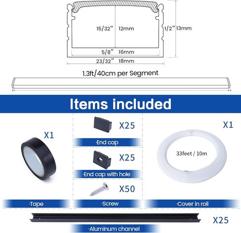 Muzata 33Ft/10M قناة LED فضية مع غطاء ناشر أبيض حليبي متجمد بدون بقع 16 مم مسار ألومنيوم عريض للغاية لشريط LED مقاوم للماء U103 WW LR1 25 حزمة 1.3FT/40 سم لكل قطعة in Kuwait