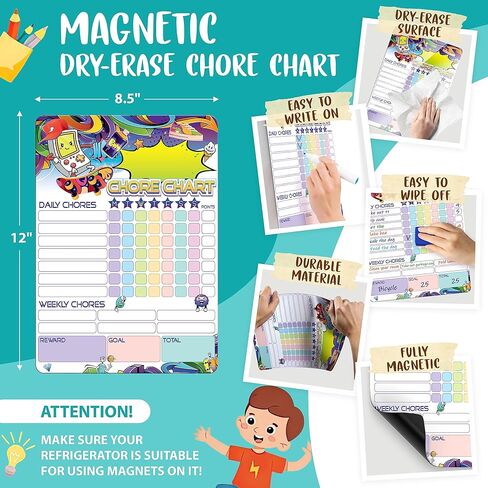 Magnetic Chore Chart for Kids 8.5x12 (A4) - Dry Erase Chore Chart Magnetic - Weekly Chore Chart for Kids Multiple Girls - Dry Erase Responsibility Chart for Kids - Kids Magnetic To Do for Refrigerator in Kuwait