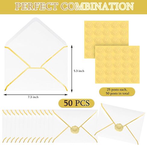 50 Pcs A7 Envelopes 5 x 7 Card Envelopes and 50 Pcs Gold Embossed Wax Seal Envelopes Self Adhesive V Flap Envelopes with Gold Border for Wedding Greeting Card Invitation (Dark Green) in Saudi Arabia