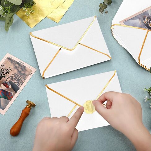 50 Pcs A7 Envelopes 5 x 7 Card Envelopes and 50 Pcs Gold Embossed Wax Seal Envelopes Self Adhesive V Flap Envelopes with Gold Border for Wedding Greeting Card Invitation (Dark Green) in Saudi Arabia