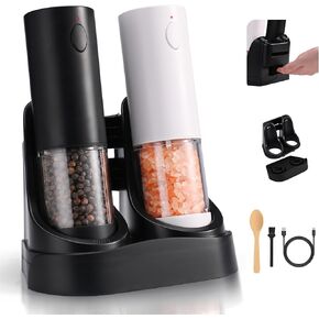 Rechargeable Electric Salt and Pepper Grinder Set with Double Charging Base, Support Battery Operated, Refillable Spice Automatic Mill Shakers Set with Adjustable Coarseness & LED Light