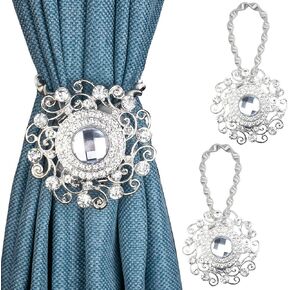 Mikomer 2PCS Magnetic Curtain Tiebacks Crystal Heart Shape Window Curtain Holdbacks Buckles Tie Backs Holders with Stretchable Wire Rope for Home and Office Decoration,Silver