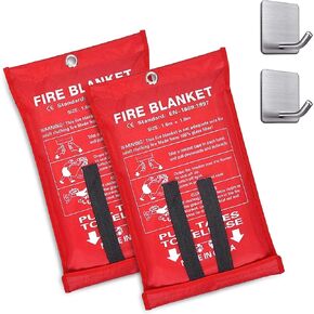 Emergency Fire Blanket 40" x 40" [2 Packs with Hooks ] - Fire Suppression Blanket, Fiberglass. Fire Blanket - Emergency Flame Retardant Blanket for Kitchen, Home, and Office