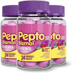 Pepto Bismol Chews, Fast and Effective Digestive Relief from Nausea, Heartburn, Indigestion, Upset Stomach, Diarrhea, 24 Chewable Tablets x 3, 72 Total (Packaging May Vary)