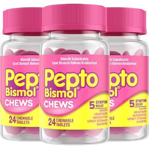 Pepto Bismol Chews, Fast and Effective Digestive Relief from Nausea, Heartburn, Indigestion, Upset Stomach, Diarrhea, 24 Chewable Tablets x 3, 72 Total (Packaging May Vary)