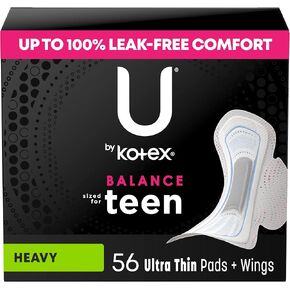 U by Kotex Balance Sized for Teens Ultra Thin Pads with Wings, Extra Absorbency, 56 Count (4 Packs of 14) (Packaging May Vary)