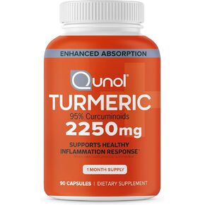 Qunol Turmeric Curcumin with Black Pepper, 2250mg Turmeric Extract with 95% Curcuminoids, Extra Strength Turmeric Supplement, Enhanced Absorption, Joint Support Supplement, 90 Vegetarian Capsules