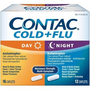 CONTAC Cold + Flu Maximum Strength Acetaminophen Day & Night Multi-Symptom Relief Nasal Congestion, Sinus Pressure, Sore Throat, Body Aches, Runny Nose, Sneezing, Combo, 28 Caplets in Saudi Arabia