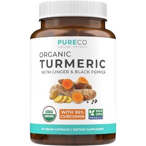 USDA Organic Turmeric Curcumin with Black Pepper and Ginger (Vegan) Natural Joint Support Supplement with Tumeric and Ginger Root Powder - 60 Capsules (No Pills)