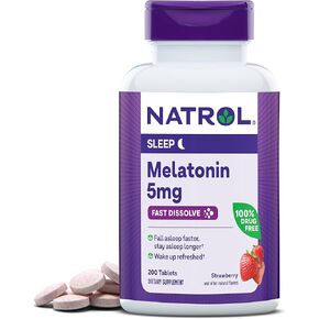 Natrol Melatonin 5mg, Strawberry-Flavored Dietary Supplement for Restful Sleep, 200 Fast-Dissolve Tablets, 200 Day Supply