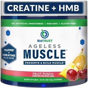 BioTrust Ageless Muscle Builder - Micronized Creatine Monohydrate Powder with HMB, Vitamin D3 & Betaine - Build & Preserve Naturally Declining Muscle Mass & Strength - Fruit Punch, 30 Servings