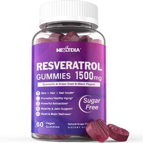 Resveratrol Gummies 1500mg - Sugar Free Resveratrol Supplement with Quercetin, Grape Seed, Acai Berries Extracts Support Antioxidant, Healthy Aging, Joint, Brain Wellness - Vegan, Natural Grape Flavor