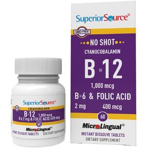 Superior Source No Shot Vitamin B12 Cyanocobalamin (1000 mcg), B6, Folic Acid, Quick Dissolve Sublingual Tablets, 100 Ct, Increase Energy, Healthy Heart, Boost Metabolism, Stress Support, Non-GMO