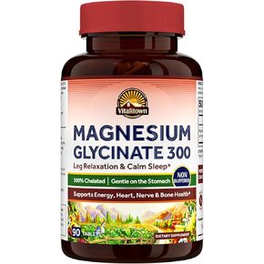 Vitalitown Magnesium Glycinate | Chelated, Non Buffered 300mg Elemental Magnesium | Most Bioavailable, Fully Reacted | Bone, Muscle, Calm, Sleep, Heart Health & Leg Cramps | 90 Tablets, Non-GMO